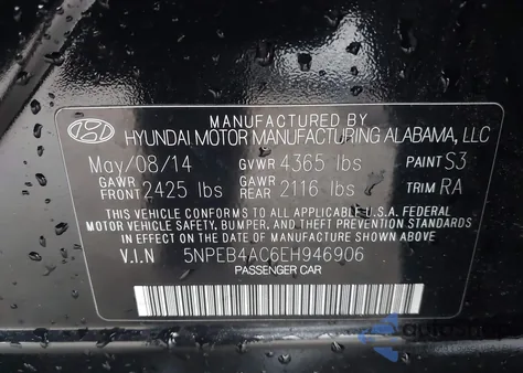 2014 Hyundai Sonata Gls z USA, uszkodzony, nr VIN 5NPEB4AC6EH946906